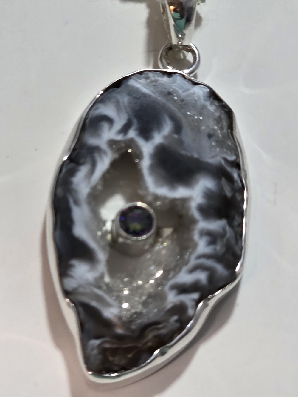 Sterling Silver Black & White Agate Geode Pendant with Mystic Topaz Accent